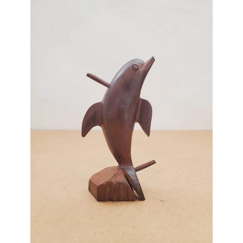 Vintage Hardwood Dolphin Statue Wood Carving, Rustic Nautical Beach Home Decor - Picture 7 of 15